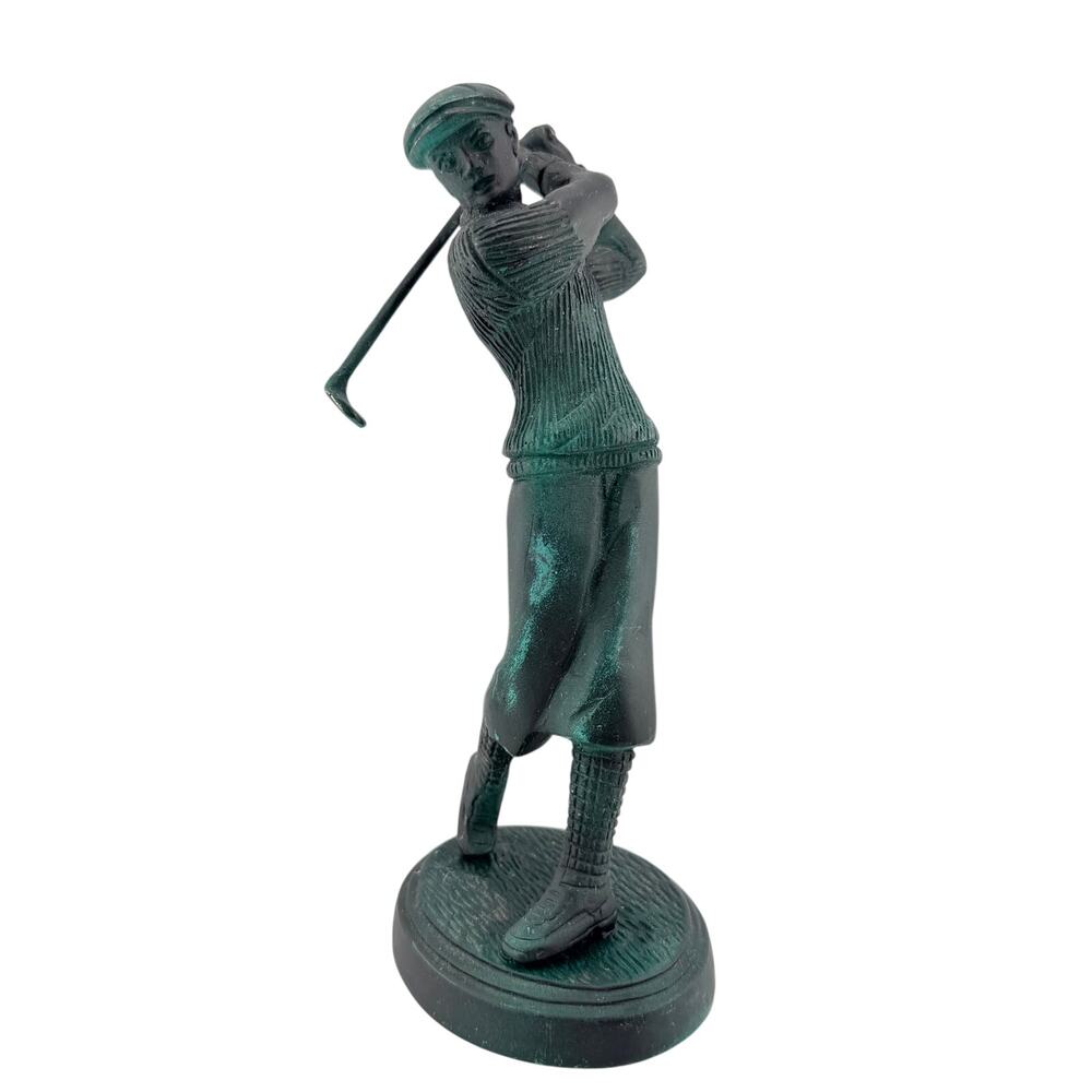Art Deco Inspired Patinated Metal Bronze Finish Figural Golfer Statue Trophy